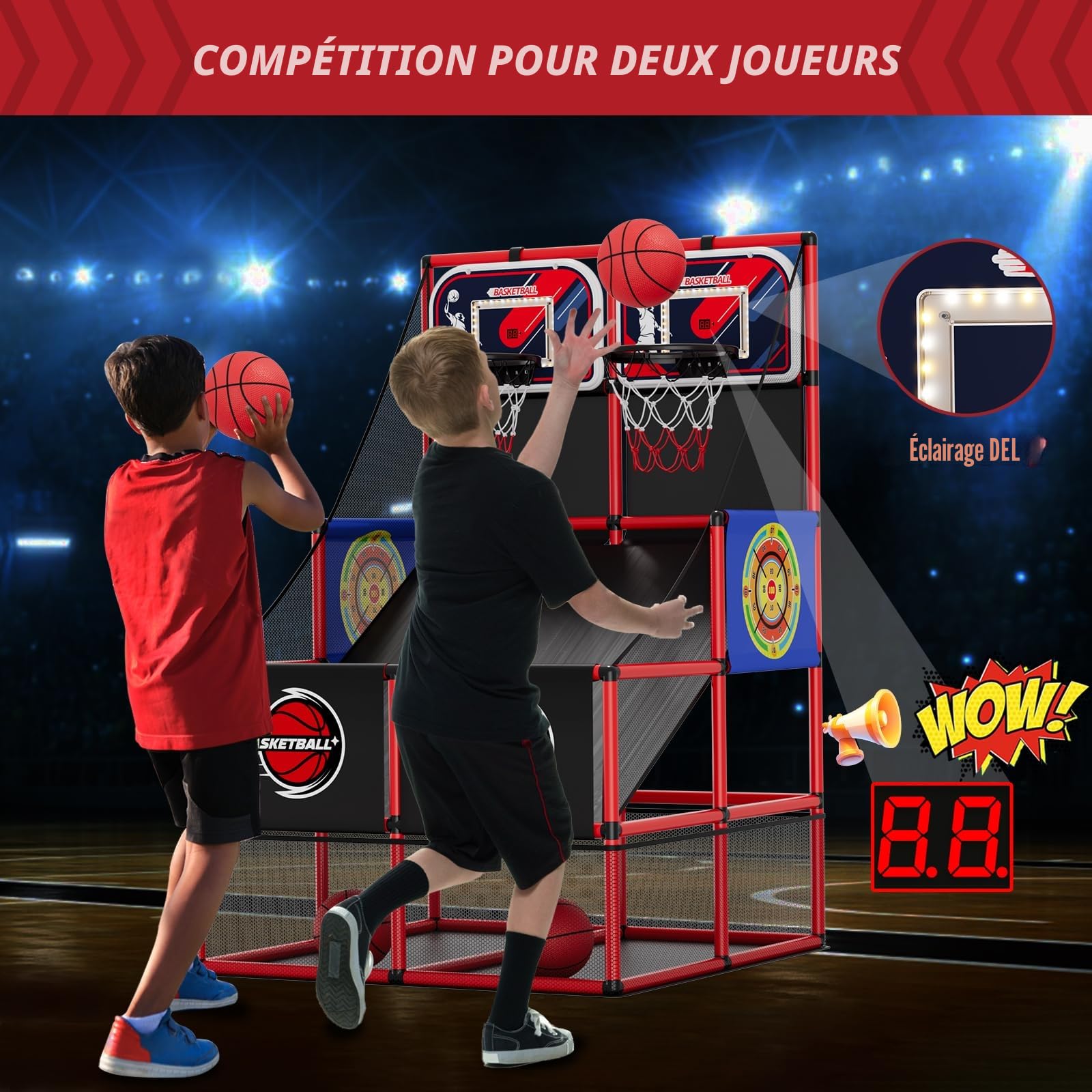 HYES 3 en 1 Jeux de Basketball Arcade Dual Shot pour Enfants avec 2 Fléchettes/Tableau de Bord électronique/Iumière LED, Panier de Basketball pour 2 Joueurs l'intérieur et l'extérieur