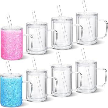 15 Oz Acrylic Snow Globe Tumbler With Handle, 8 Pack Pre-Drilled Snowglobe Cups, Double Wall Plastic Snowglobe Tumbler Cups for Snow Globe Glitter DIY Clear