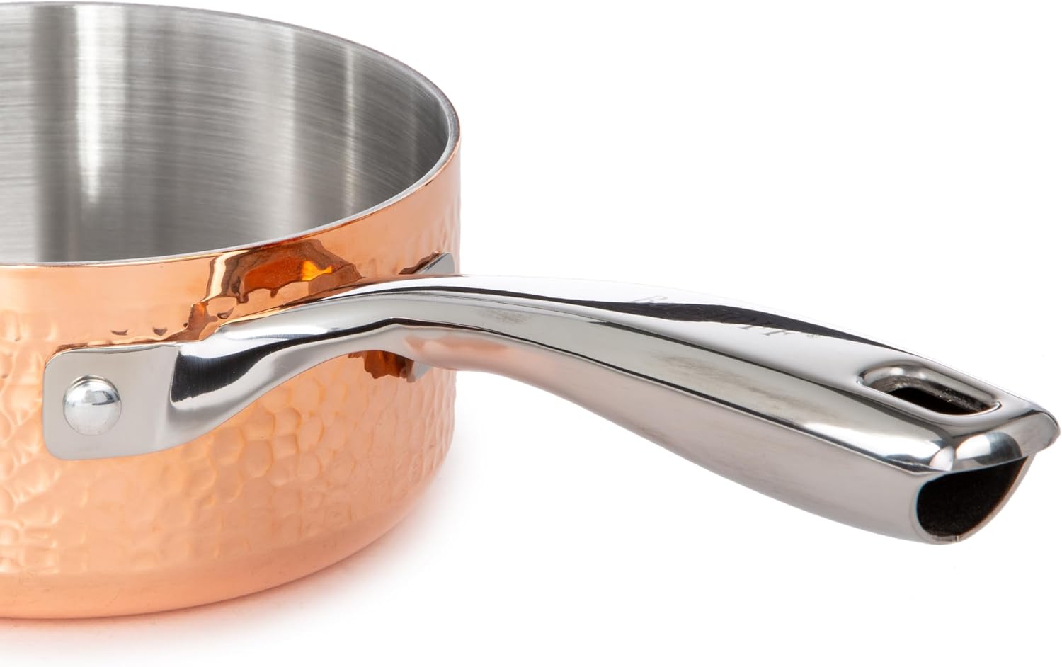 Close-up of the ergonomic handle of the BergHOFF Vintage Tri-Ply Copper Saucepan