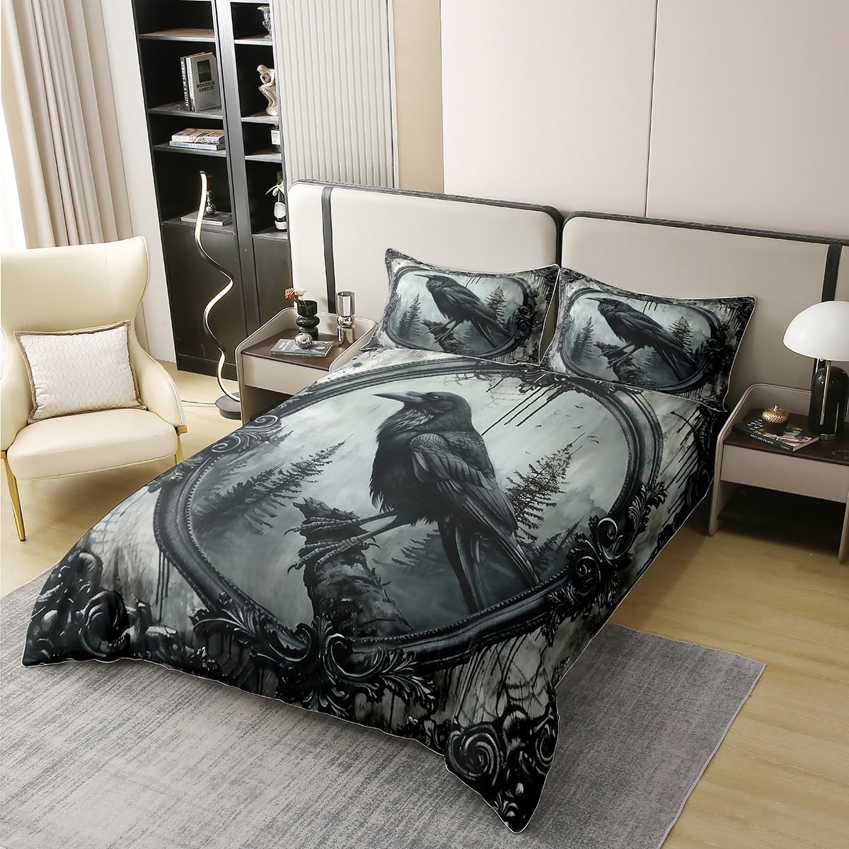 Erosebridal Halloween Crow 100% Cotton Duvet Cover King Black Raven Bird Animal Bedding Set for Adults Men Women Gothic Retro Halloween Comforter Cover Woodland Wildlife Crow Bed Set 3 Pcs
