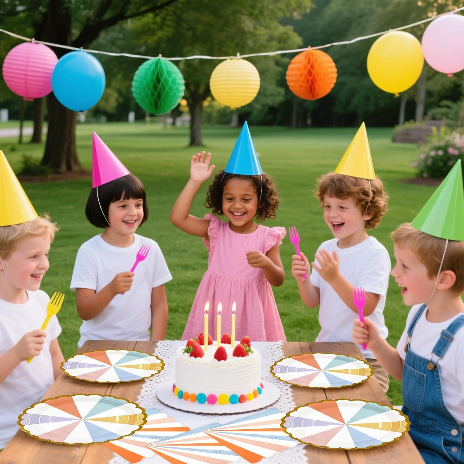 50PCS Colorful Striped Paper Plates and Napkins Party Supplies, 7 inch Disposable Gold Foil Scalloped Dessert Plate Pastel Party's Favors for Birthday Wedding Bachelorette Candy Party Decorations - Image 7