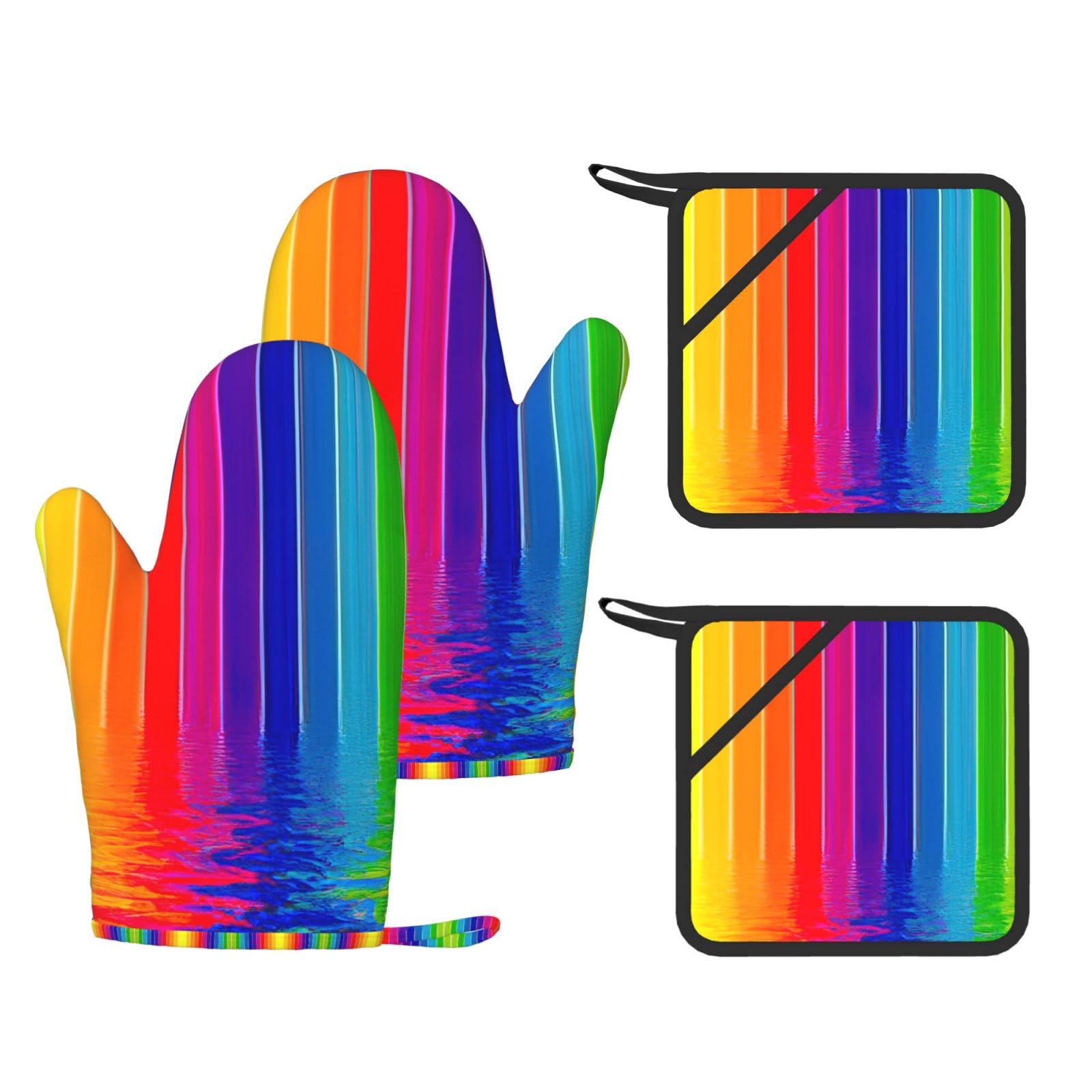 Rainbow Striped Stylish Printed Kitchen Set Including Heat Resistant Gloves and Non-Slip Hot Pads for Cooking BBQ