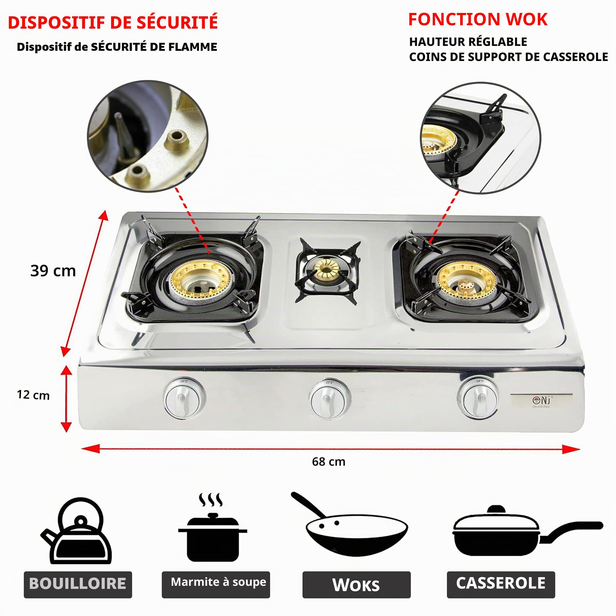 NJ NSD-3 Réchaud Gaz Intérieur - 3 Feux Plaque de Cuisson Portable GPL