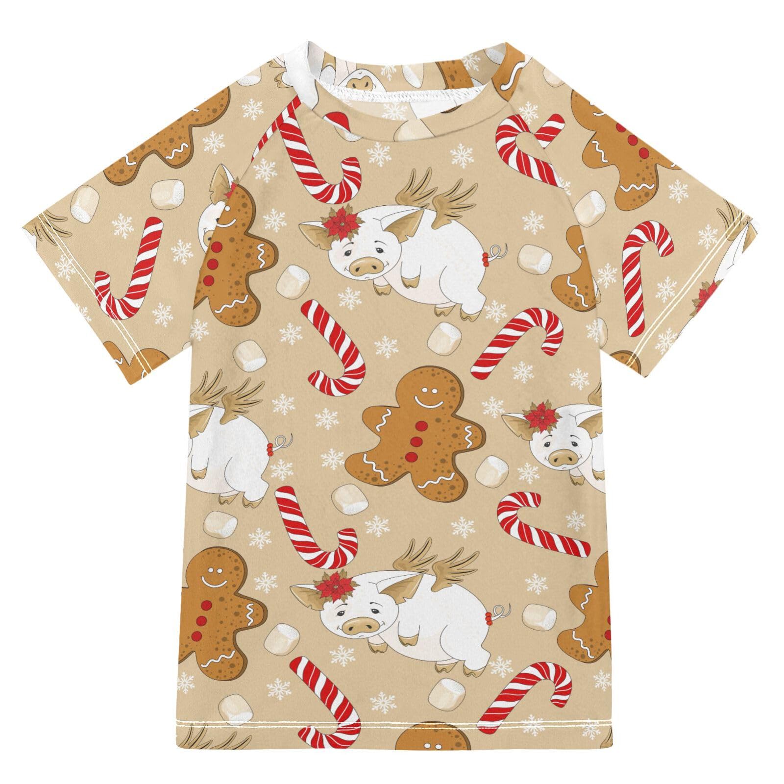 Aflyko Christmas Boys' Swim Shirt Pig Gingerbread Rash Guard Beachwear Sun Protection Fishing Hiking Camping Surfing Swimming Toddler Infant Summer Daily T-Shirt, 4T Multicoloured