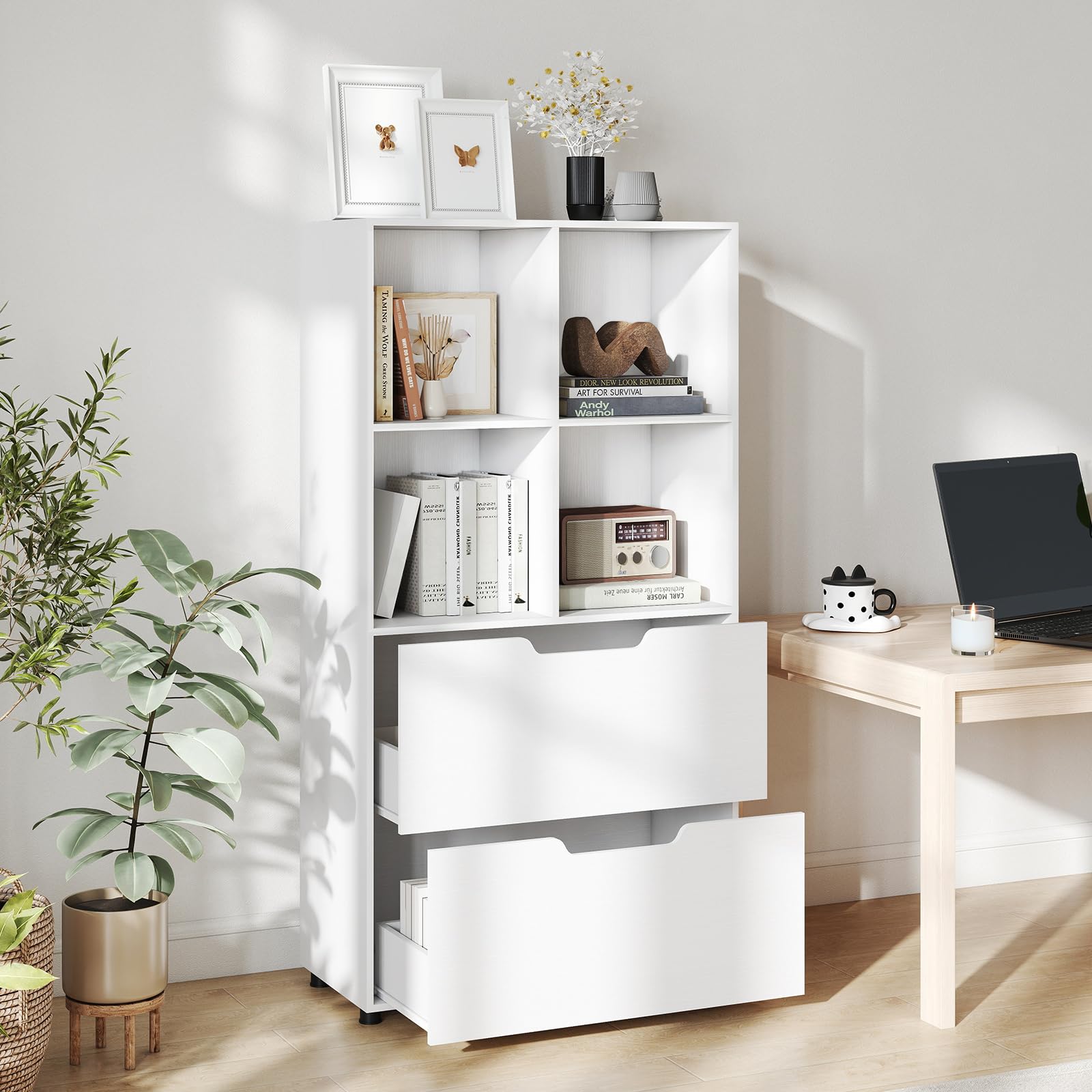 COSTWAY Libreria a 4 Cubi con 2 Cassetti, Scaffale Alto a 5 Ripiani da 130 cm, Libreria Moderna a Cubi Aperti, Organizer in Legno per Soggiorno, Studio, Ufficio Domestico (Bianco)