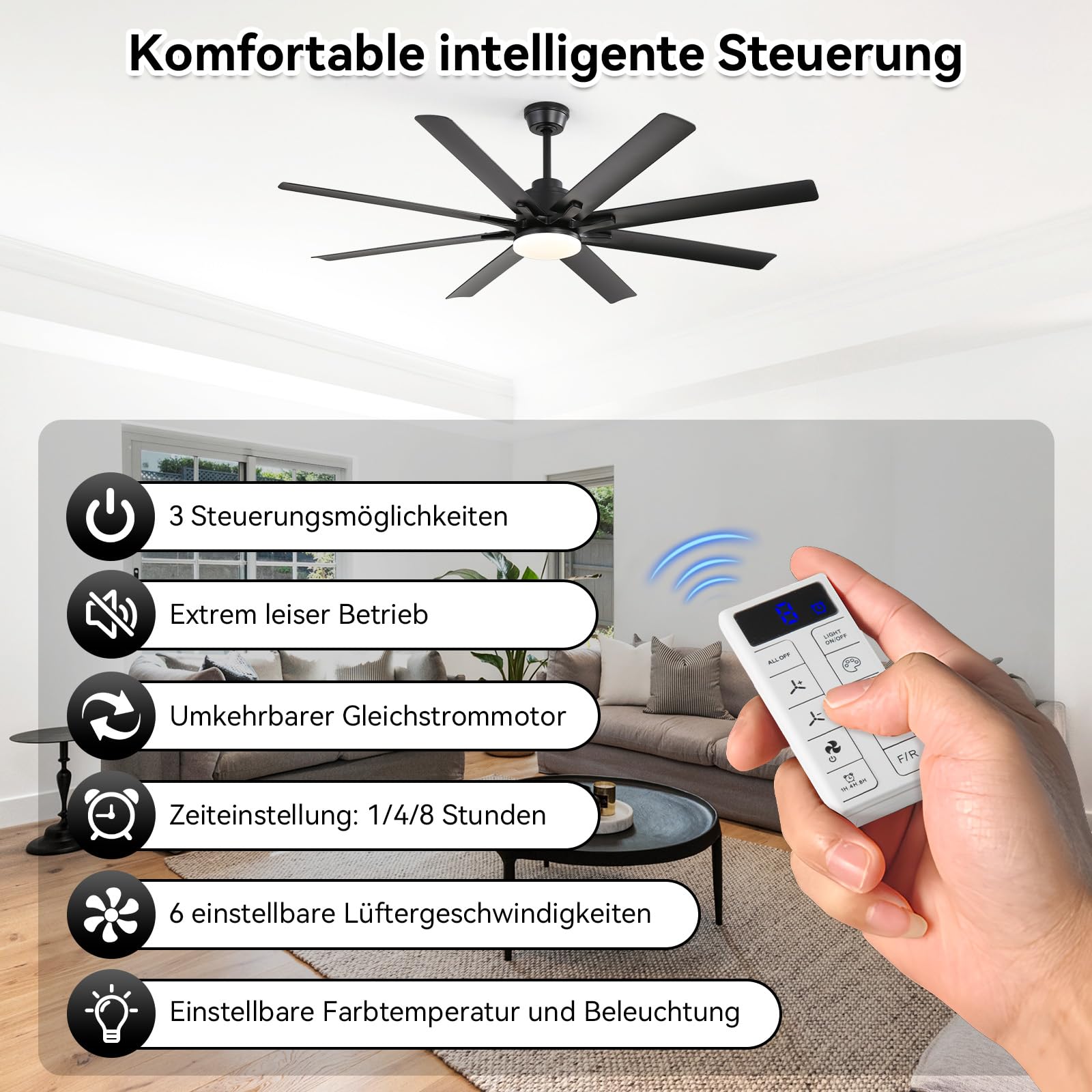 Sofucor Smart Deckenventilator mit Beleuchtung,132cm Leise Deckenventilator mit Licht, Alexa/APP, WiFi, Fernbedienung, DC, 3 Farbtemperatur, Timer, 6 Geschwindigkeiten, Sommer Winterbetrieb