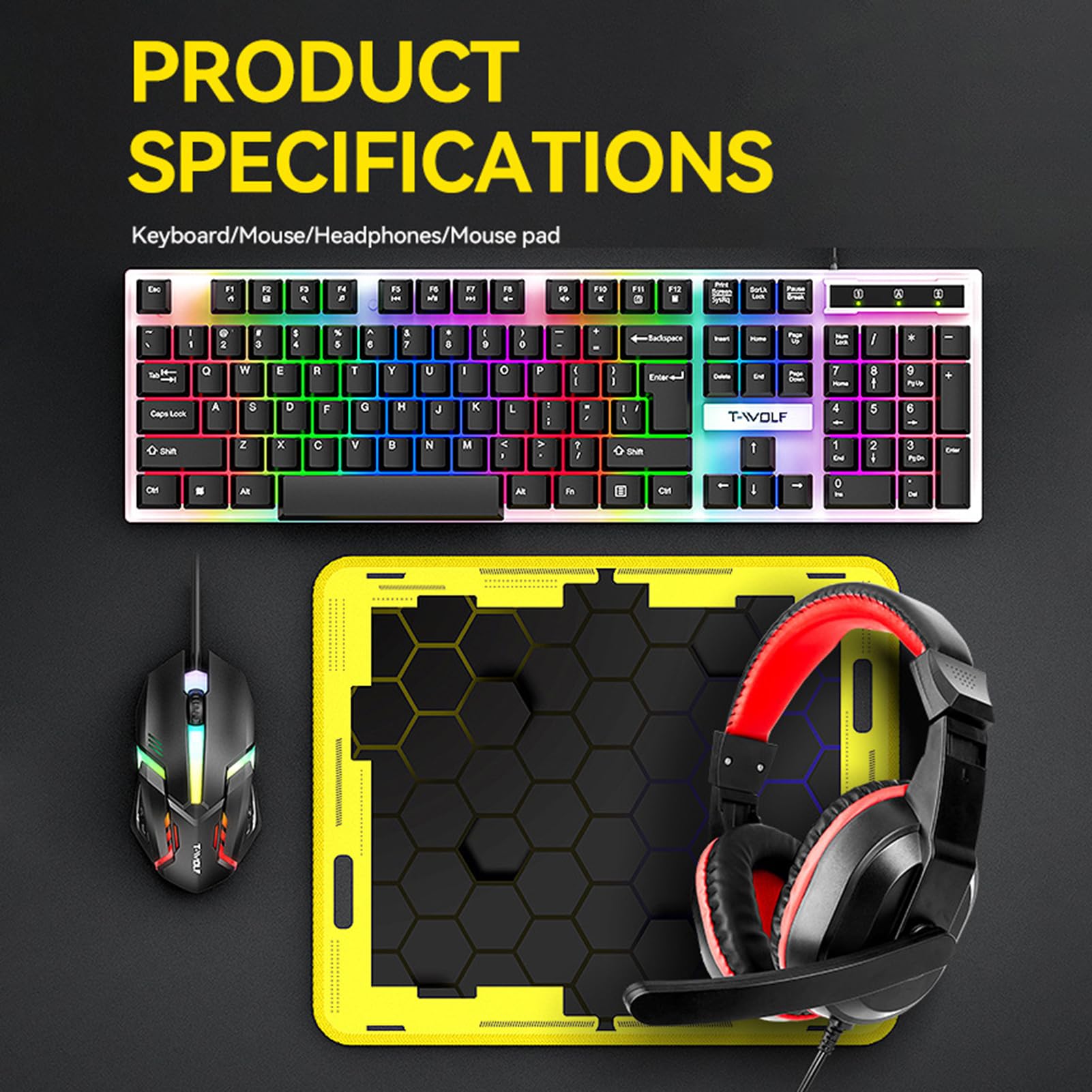 Hanzete - Tastiera da gioco con mouse e mouse pad cablato retroilluminato colorato ad alta velocità di movimento 1000 cuffie da gioco con microfono