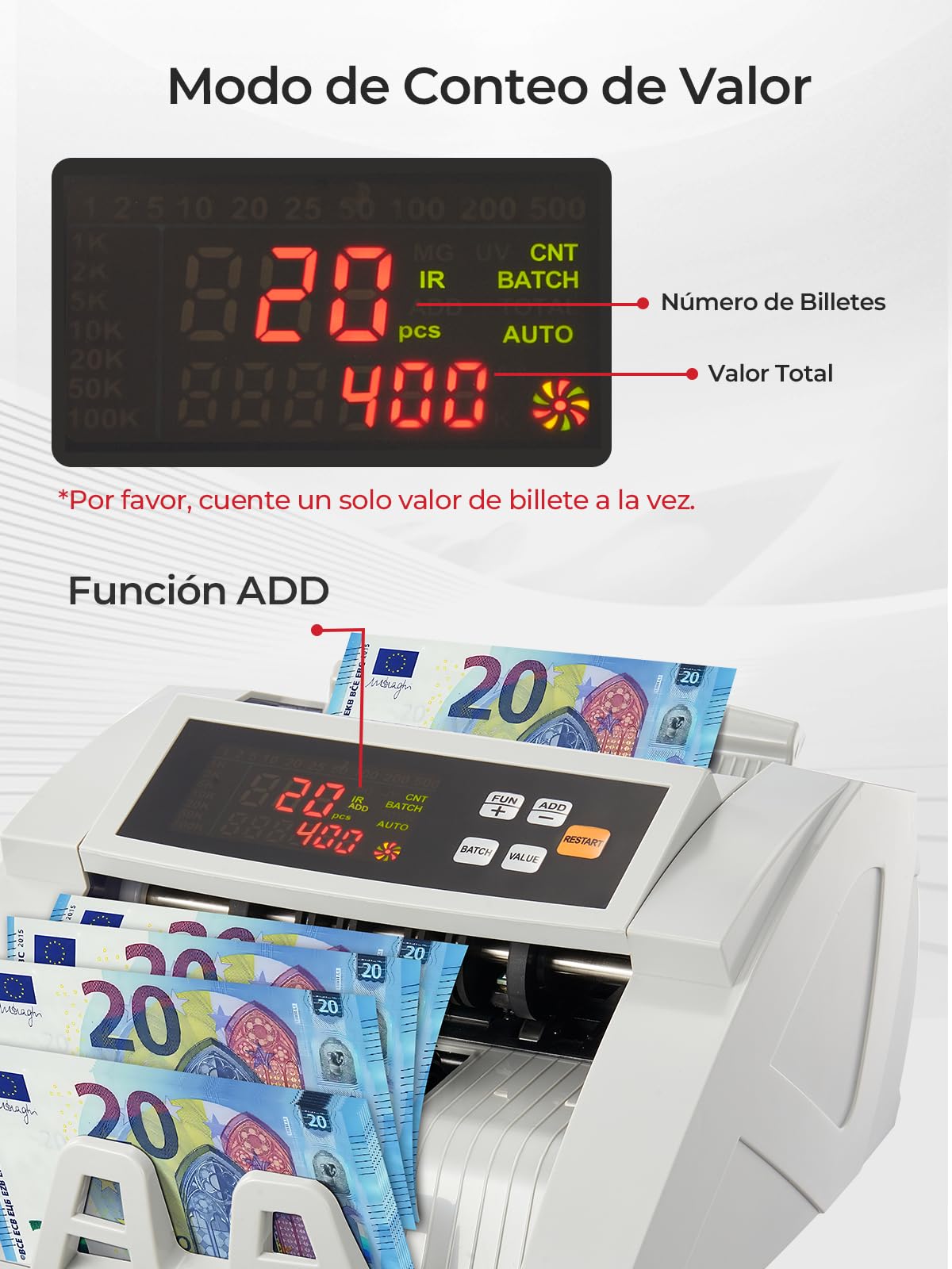 Contador de Billetes FOHERE, Maquina contar Billetes Profesional con Detección de Falsificación UV/MG/IR/DD, 1100 Billetes/Minuto, Pantalla LCD, Modos Valor y Lote para Tiendas, Bancos y Restaurantes