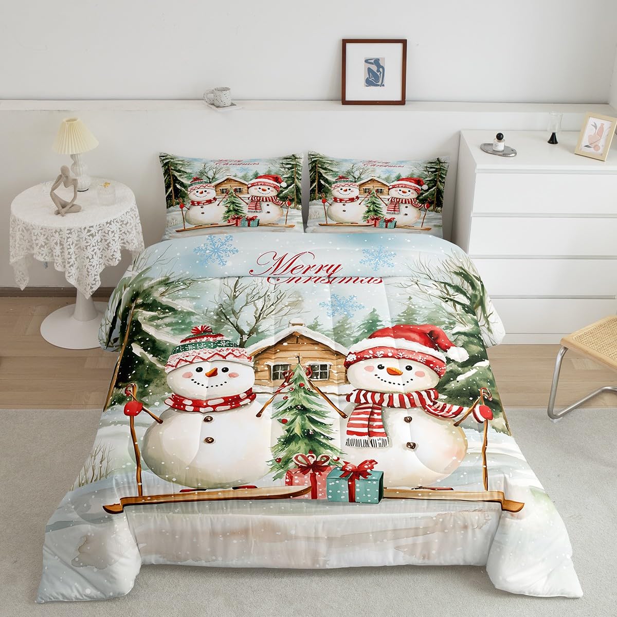 Parure de lit réversible 3 pièces Noël avec housse de couette double et taies d'oreiller