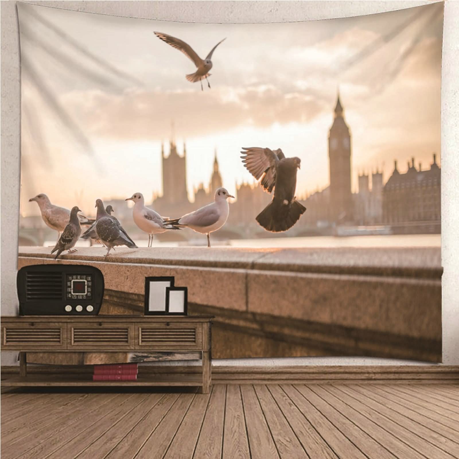 Tapiz Suelo, Decoración Colgar Pared Paloma de Pie En La Barandilla Poliéster Gris Blanco 350x256CM
