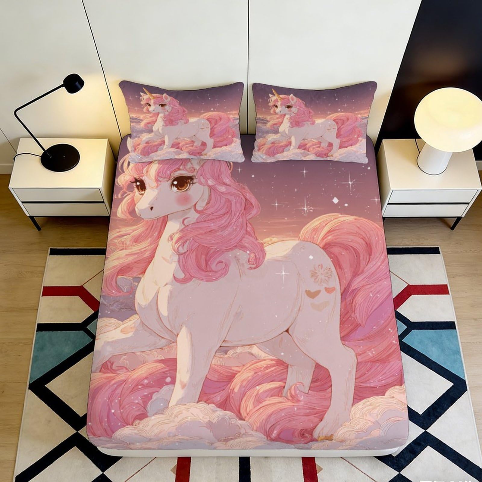 3D Printed Fantasy Unicorn Fitted Sheet Microfiber Deep Pocket Non-Slip Bedroom Bedding Unicorn Mattress Fitted Cover Elastic Hem Washable 180x200x25cm