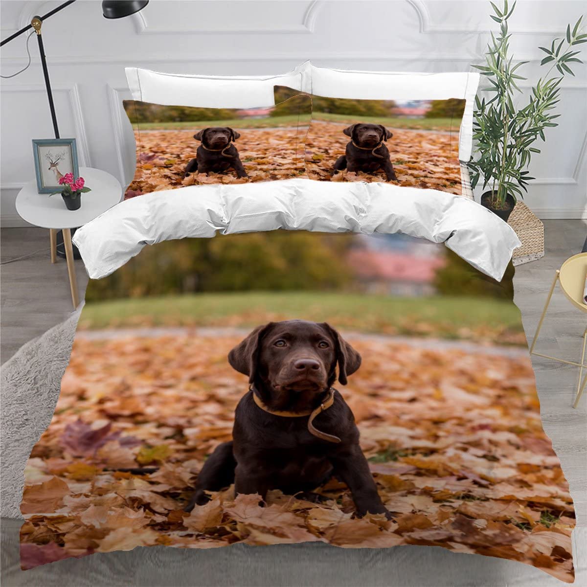 LUORU Single Duvet Cover Labrador Retriever 135x200 cm 3D Autumn Leaves Bedding Set with Zipper Closure Ultra Soft Microfiber Kids Boys Girls Teens Comforter Quilt Cover with 2 Pillowcase 50x75
