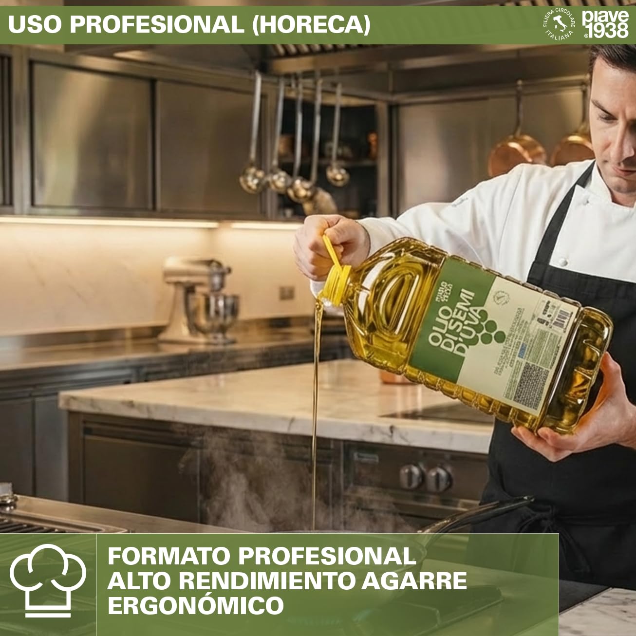 PIAVE 1938 Aceite de Semilla de Uva 5L, 100% Italiano, Alto Punto de Humo para Freír y Cocinar, Aceite Base de Masaje Neutro y Natural, Rico en Vitamina E, Garrafa Formato Profesional Hostelería