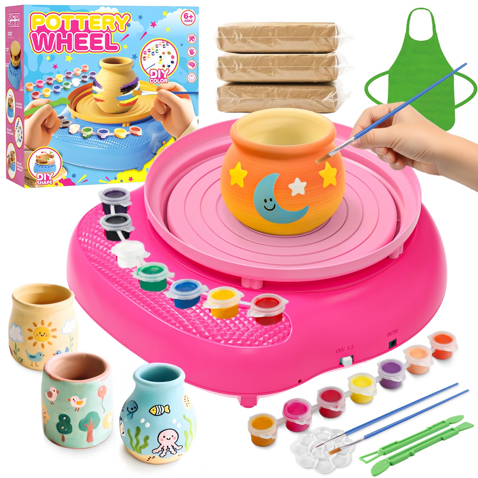 Tornio per Ceramica Bambini 6-12 Anni – Kit Completo Fai-da-Te Principianti con 3 Argille Autoindurenti, Strumenti, Materiale Arti e Mestieri, Regalo Compleanno Bambini e Bambine 6+ Anni Blu (Rosa)