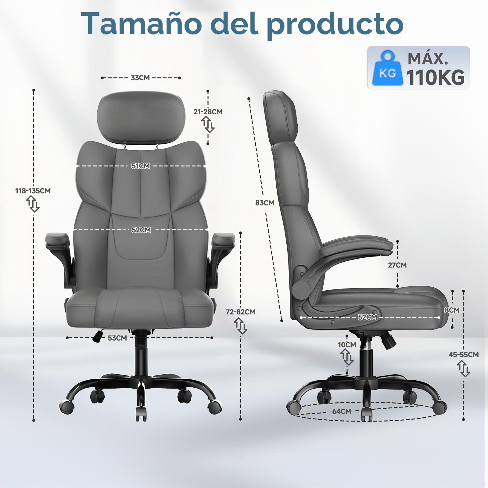 naspaluro Silla de Oficina, Silla de Escritorio Ergonómica, Silla Giratoria con Función de Inclinación, Apoyabrazos Plegables, Silla Ordenador de Cuero PU con Reposacabezas Ajustable, Gris Oscuro