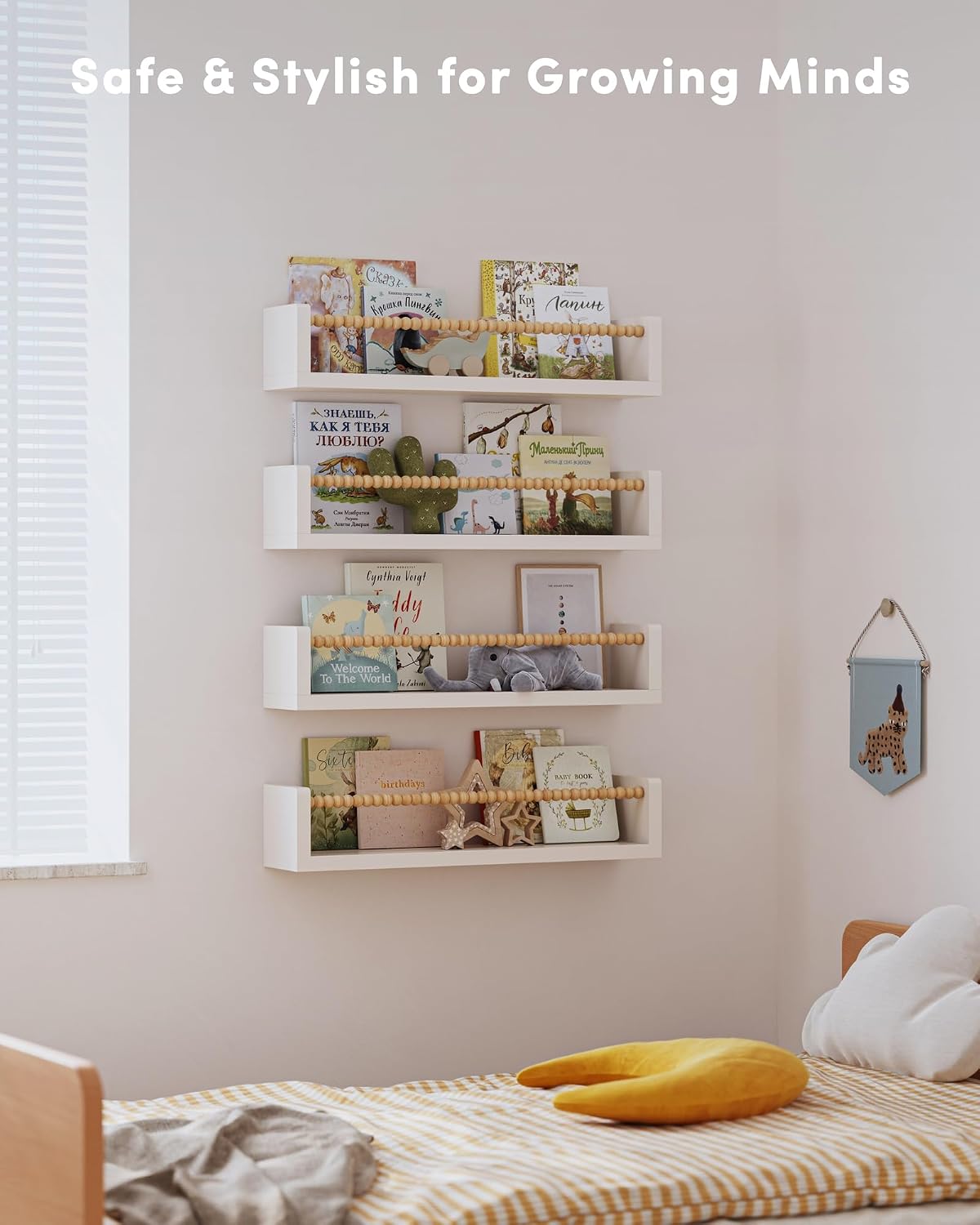 Nursery Floating Shelves for Wall Set of 4, Wooden Nursery Book Shelves, Baby Room Wall Shelves for Nursery Decor, Kids Bookshelf for Bedroom, Girl & Boy Nursery Decor (White Wood, 16.5 Inches)