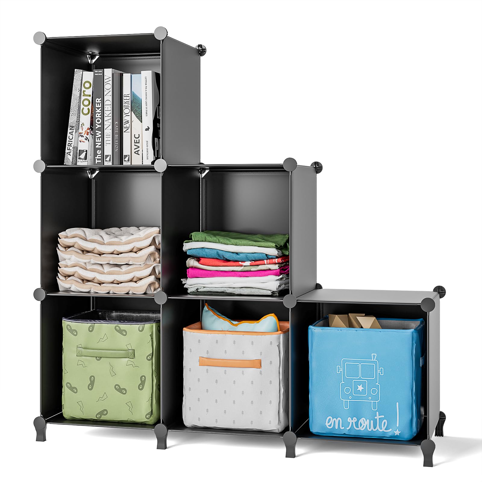 FUNLAXCube Storage Unit, 6 Cube Bookcase Bookshelf Portable Bathroom Storage Plastic Cube Organiser Stackable Cube Shelving Unit for Clothes Books Toys Yarn Shoes