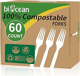100% Compostable Forks 60 Count Disposable Forks Heavy Duty Utensils Set Fork Silverware Eco Friendly Flatware Plastic Free for Party Camping Picnics Wedding-Ivory White