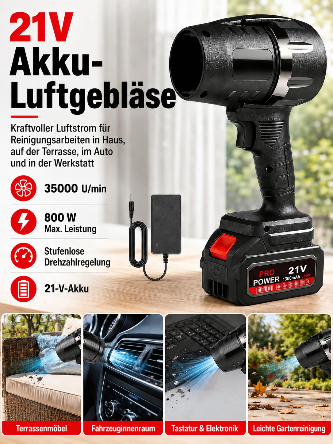 VOBOR Turbo Gebläse mit Akku, 35000 U/min Mini Laubbläser Akku 21V 2600mah, Tragbare Kabelloser Elektrische Staubgebläse Handgebläse für Wegblasen von Laub, Schnee, Staub, Blaskraft
