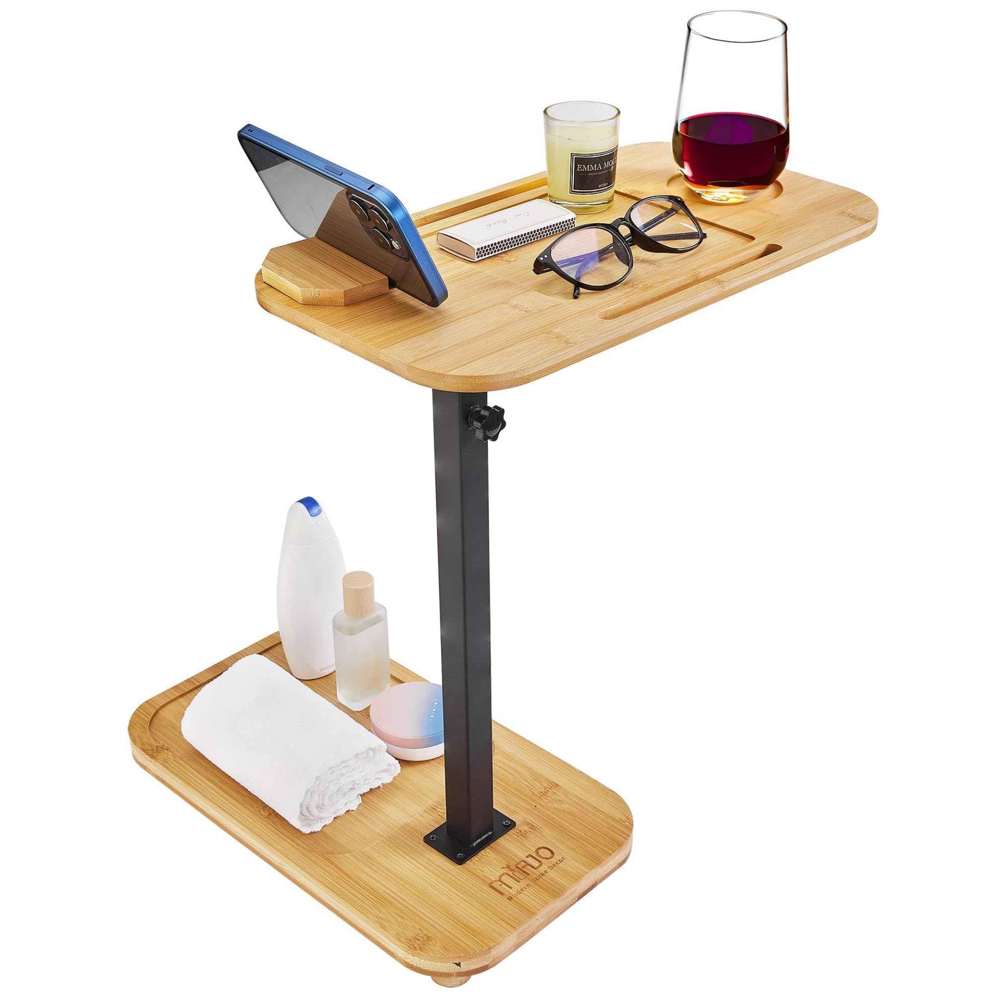 Photo 1 of MIAJO Adjustable Side Table, Couch Tables That Slide Under with Adjustable Height, Bamboo TV Trays for Couch Arm with 360° Rotating Phone Holder, C Shaped Side Table (Natural)