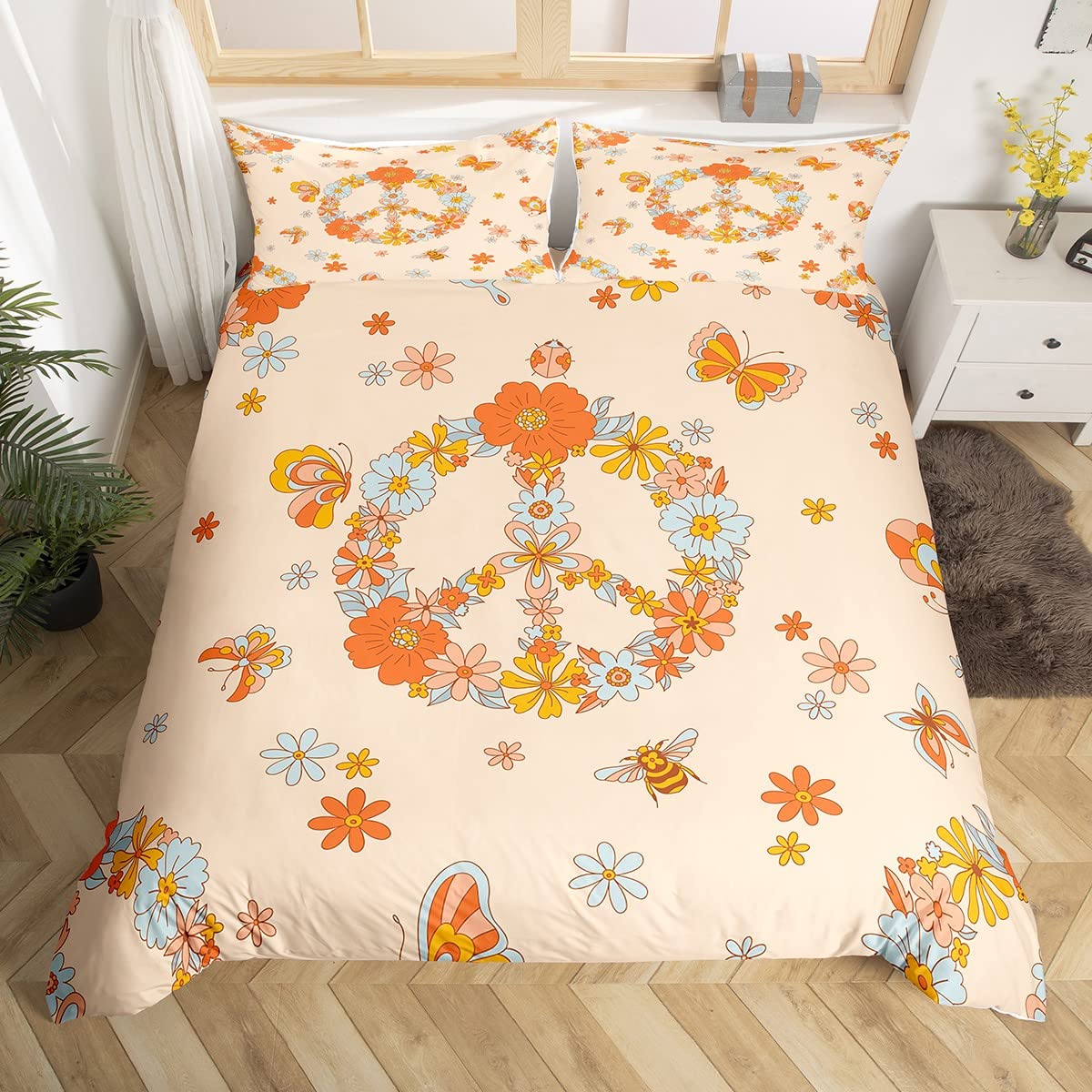 Homewish Boys Multi 09 Love And Peace Duvet Cover Double,1960 1970 Groovy Flower Bedding Set For Kids Girls Funky Butterfly Daisy Rose Comforter Cover Hippy 60S 70S Art Bed Set With 2 Pillowcase Cozy