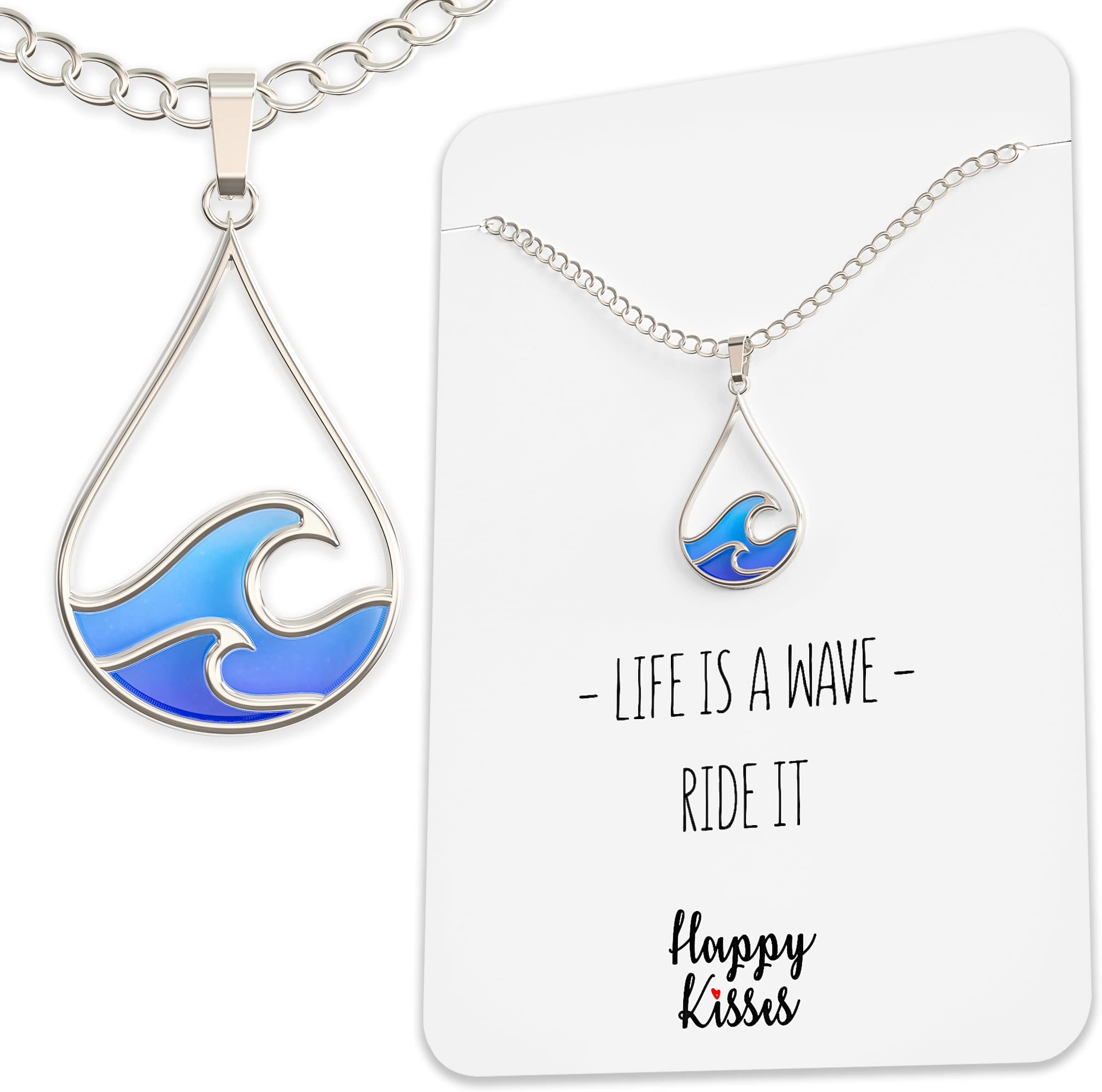 Silver Wave Necklace - Beach Jewelry for Surfers and Sea Lovers - Motivational Drop Shape Pendant with Gift Message Card