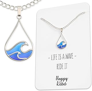 Happy Kisses Silver Wave Necklace - Beach Jewelry for Surfers and Sea Lovers - Motivational Drop Shape Pendant with Gift Message Card