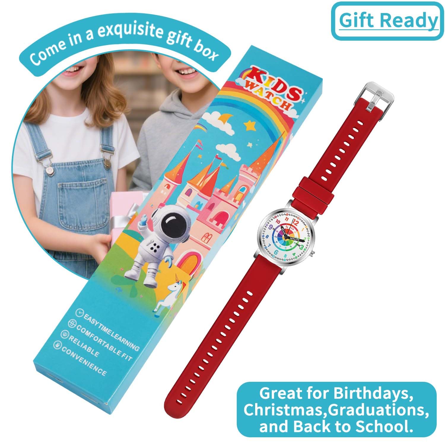 Relojes para niños, reloj de aprendizaje para niños, diana para niños pequeños, tiempo de aprendizaje y hora fácil de leer, reloj analógico para niños y niñas de 3 a 11 años, rojo