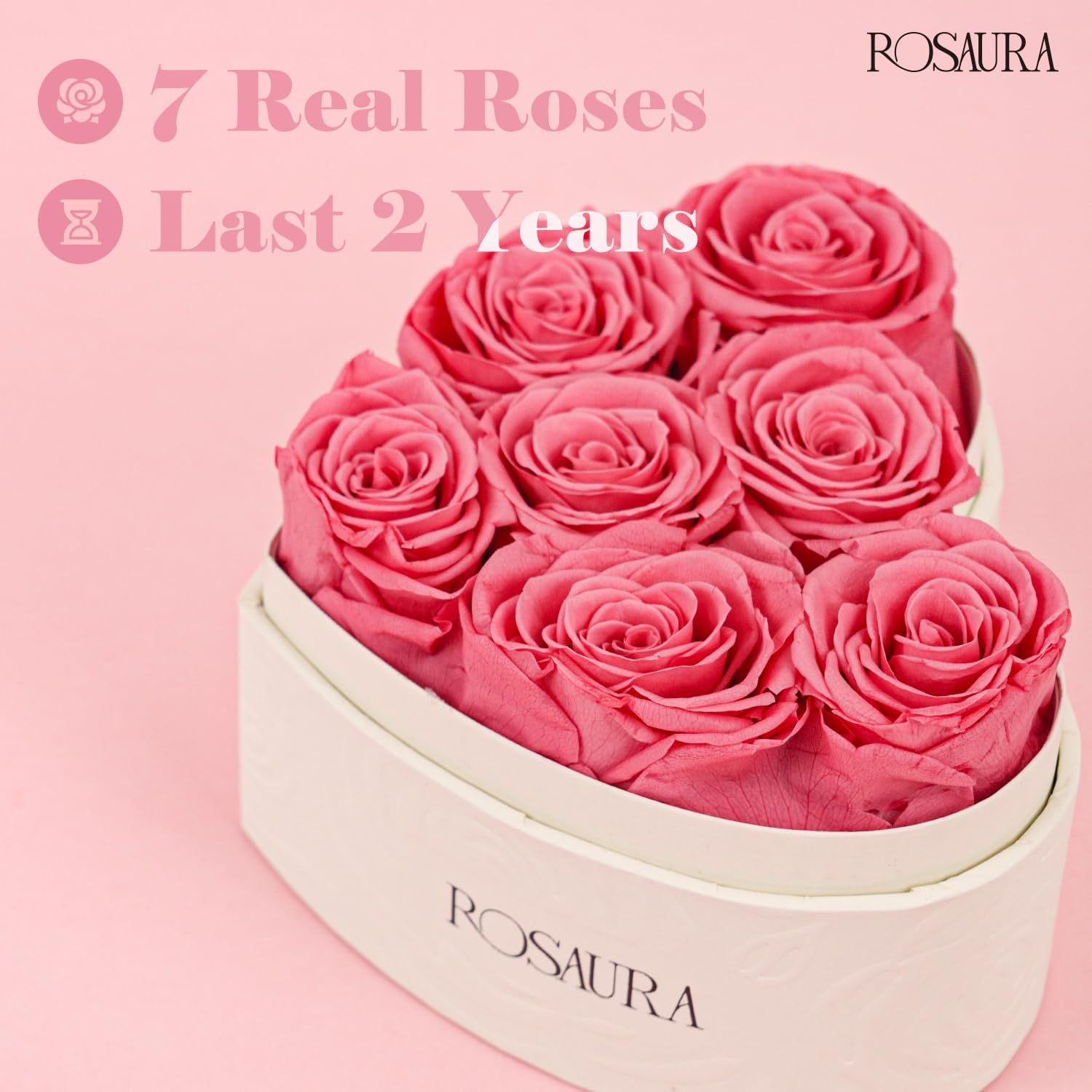 Rosaura Heart-Shaped Preserved Roses Gift Box - Real Forever Flowers for Christmas, Birthday, Valentine's & Mother's Day (pink, 7 roses) - Image 4