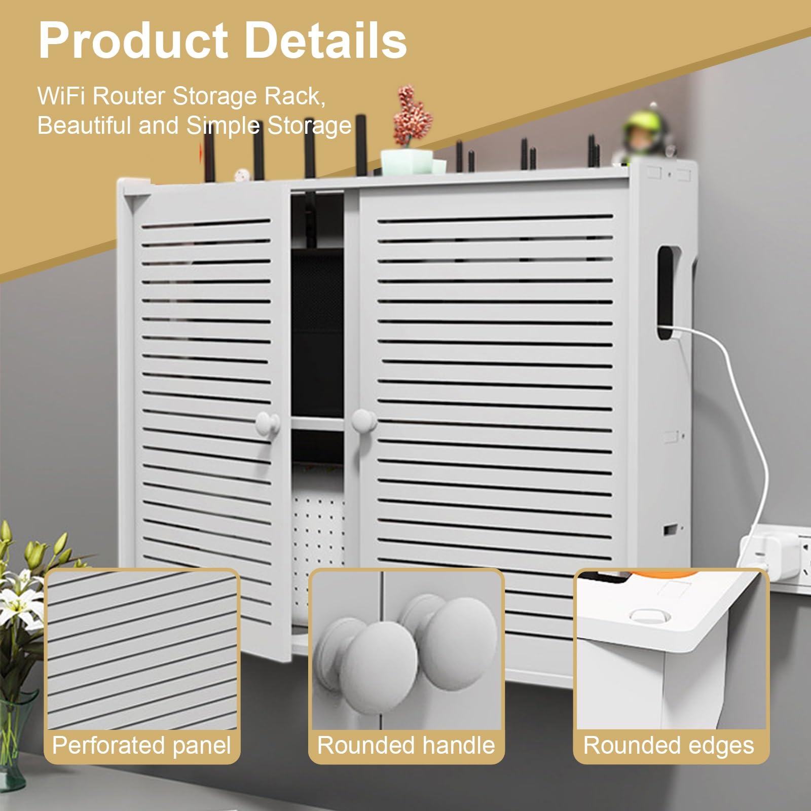 Montowany na ścianie router WiFi Sto Box, szafka na kabel, zmontowana do domu i biura, 40 x 11 x 58 cm / 15.8x4.3x22.8in (15,8 x 4,3 x 22,8 cala), półka na router, oszczędność miejsca