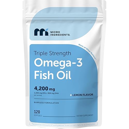 Micro Ingredients Triple Strength Omega 3 Fish Oil Supplements 4200mg Per Serving, 120 Softgels – Lemon Flavored – Burpless | EPA 1200mg + DHA 900mg | Deep Sea Fish