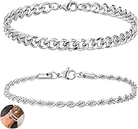 2-Pack Men's Stainless Steel Chain Bracelets: Silver Plated Cuban Link & Rope Chain Set - Waterproof, Adjustable, Tarnish-Resistant Jewelry for Dad Husband Boyfriend