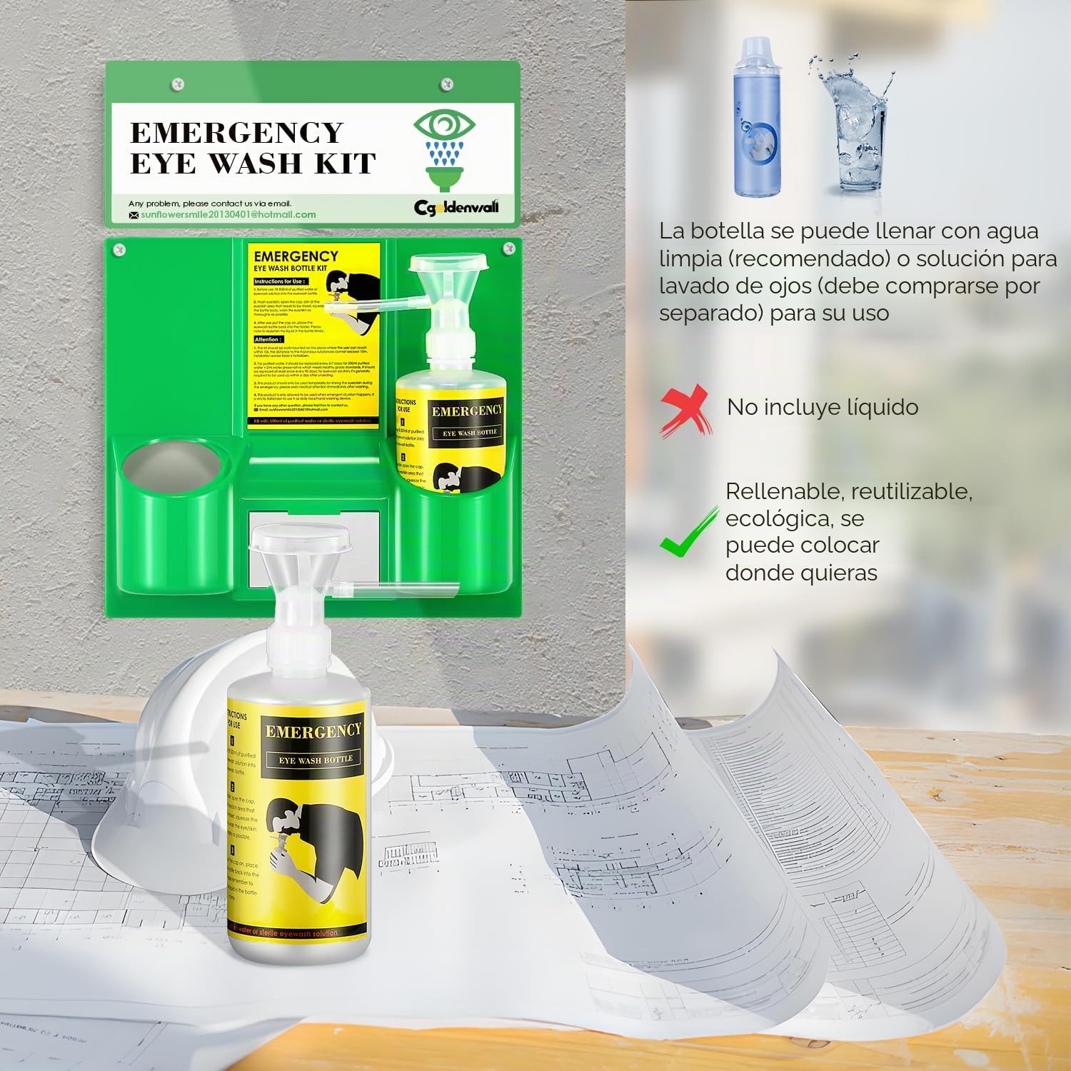 CGOLDENWALL Lavaojo de Emergencia Portátil de Botella Doble 500ml Estación de Lavaojos Montada en Pared, de Polietileno No Tóxicos, Puede Combinar Perfectamente con Solución Lavaojos