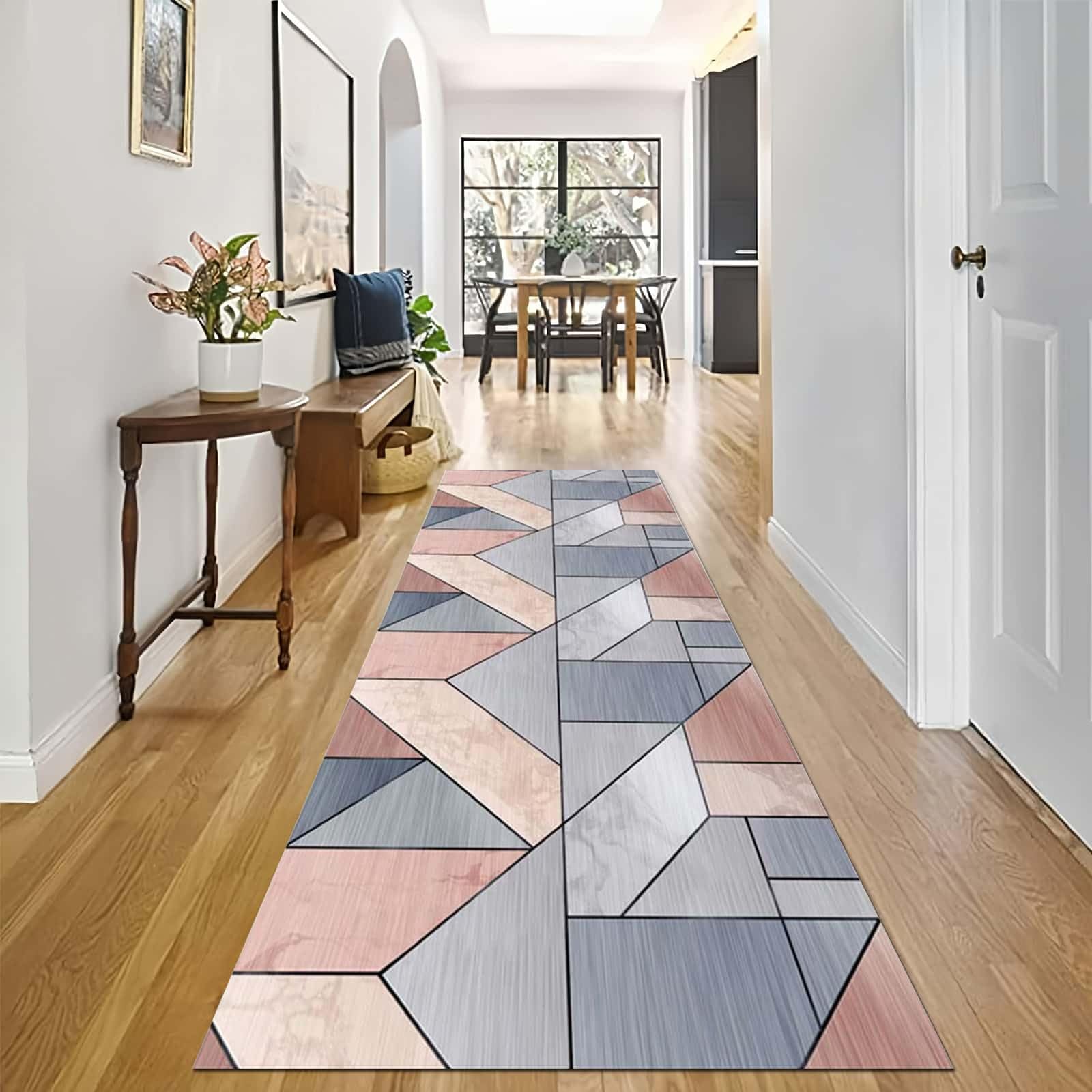 Tapis de couloir rose gris géométrique 120x800cm en caoutchouc