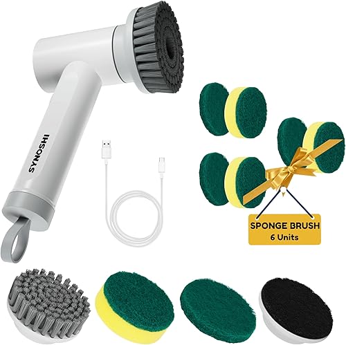 SYNOSHI Limpiador eléctrico giratorio con 3 cabezales de limpieza reemplazables + 6 unidades de cabezales de cepillo de esponja, cepillo de