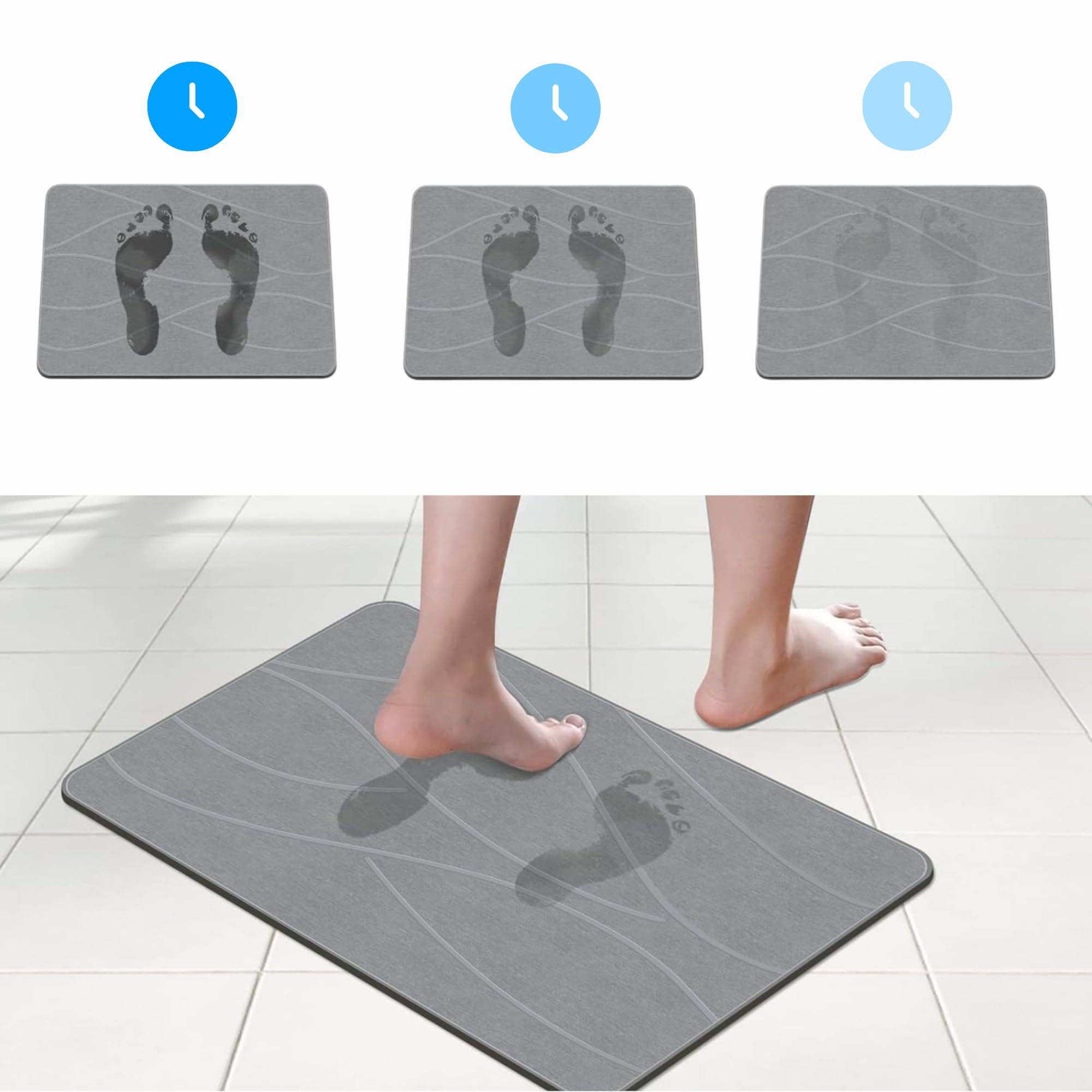 Tapis de bain en pierre de diatomite super absorbant, séchage rapide, facile à nettoyer, antidérapant, polyvalent, pour salle de bain, cuisine et plus encore - 40 x 60 cm (diatomite, gris)