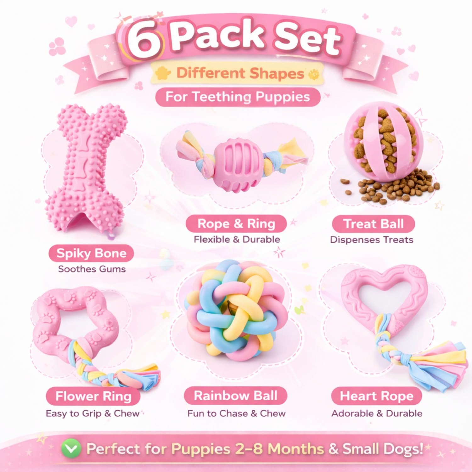 Paquete de 6 juguetes de dentición para cachorros, juguetes para perros pequeños para razas pequeñas, bonitos juguetes masticables de goma rosa, esenciales para cachorros, el mejor cumpleaños