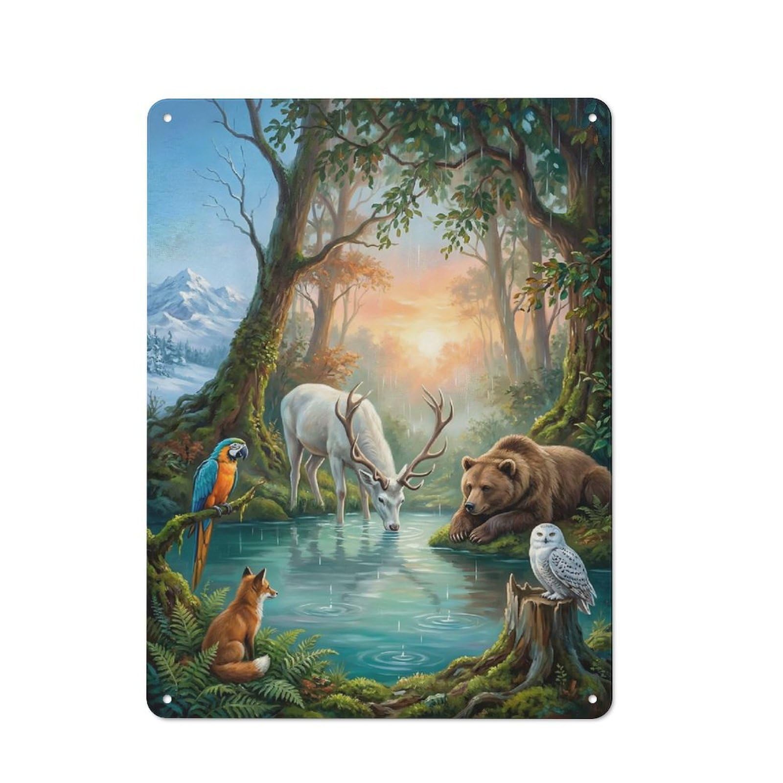 Junmoney Style-8 Workshop Style Enchanted Forest Animals By A Lake Tin Sign 40X30cm, Garage Wall Decor For Tool Room, Garage, Studio Or Home Bar