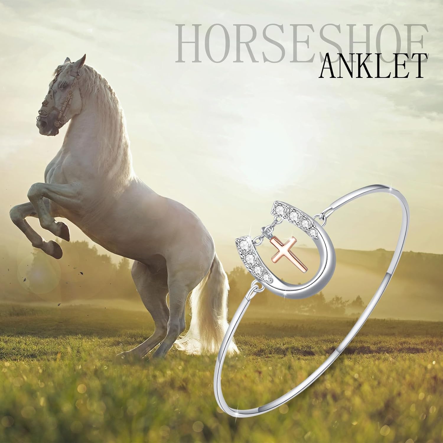 MEDWISE Lucky Horseshoe Ankle Bracelet for Women 925 Sterling Silver Rose Gold-Plated Faith Cross Anklet Horseshoe Jewelry Gifts for Women Wife Ladies Mom Horse Lover Gifts