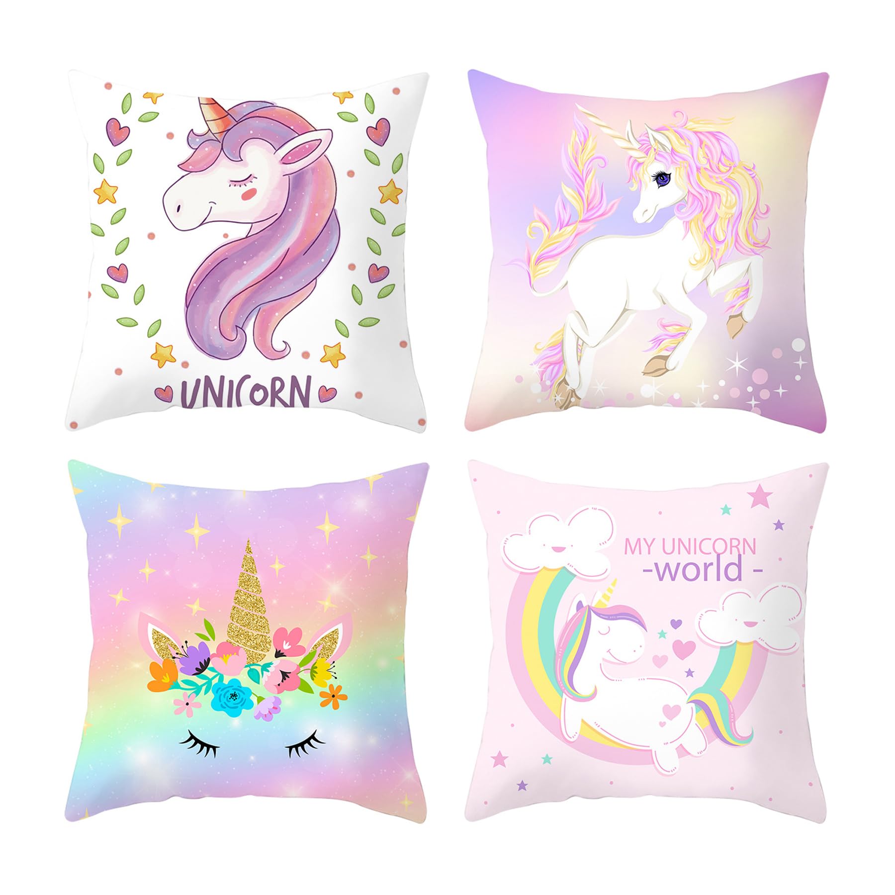 Wasise Unicorn Bedroom Accessories - 4PCS Unicorn Cushion Covers,Rainbow Blue Pink Decorative Throw Pillow Covers,Unicorns Cushions,Throw Pillow Case Decor Home for Livingroom Couch Sofa(not included)