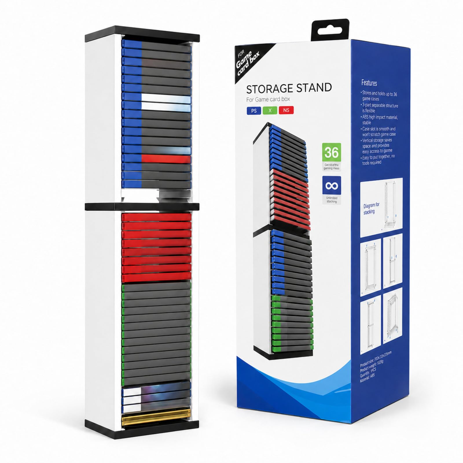 Soporte de torre de almacenamiento universal para videojuegos, capacidad para 36 juegos, organizador multifuncional para PS5, PS4, Xbox Series X/S, estuches de juegos Switch, DVD y discos