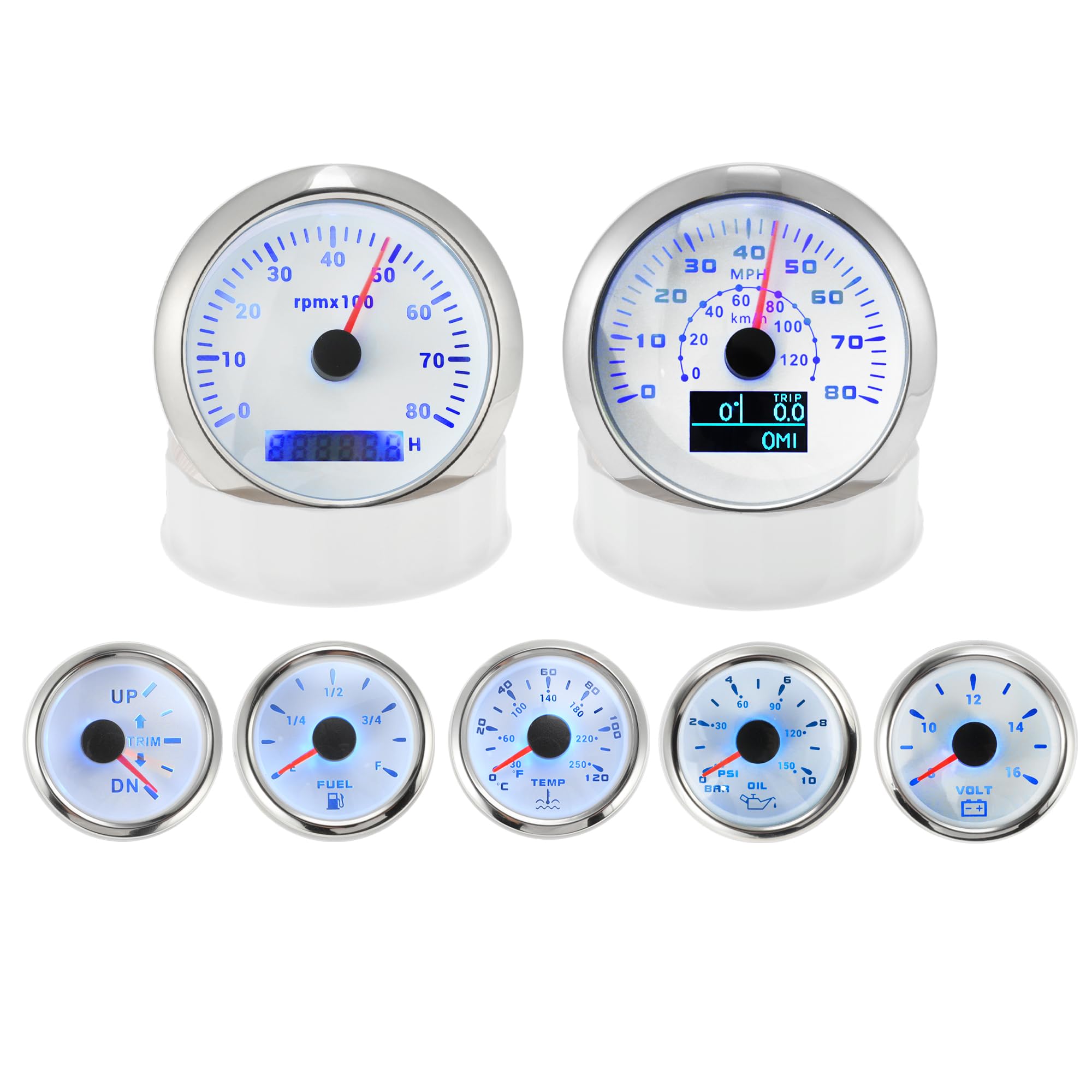Motoforti 7 Juego 3-3/8" 85mm GPS Velocímetro Tacómetro, 2-1/16" 52mm Aceite Presión, Combustible Nivel, Agua Temperatura, Voltímetro Ajuste Impermeable Marino Barco Indicadores Kit Blanco