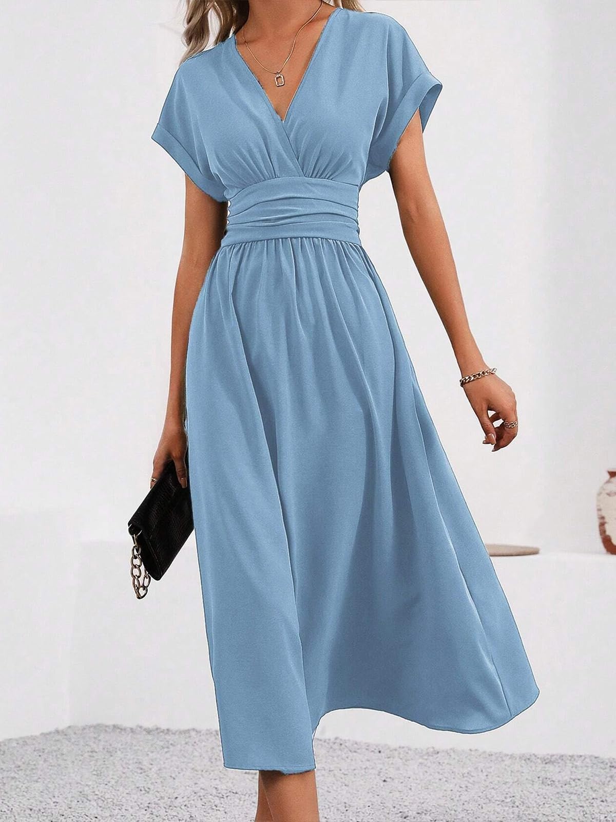 LIAMERHE Vestido Primavera/Verano Manga Corta/Larga Mujer Casual Vestidos Largos Cuello en V Elegante Plisado Vestido Línea A Vestido Largo para Fiesta en Playa