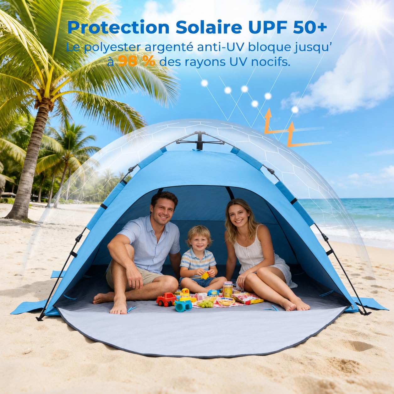 Abri de plage pop-up avec protection UV 50+, tente de plage automatique pour 2 à 3 personnes, abri de plage pop-up XXL avec tapis étendu, tente légère de protection contre le vent pour bébé et famille