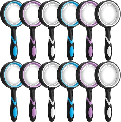 Xuhal 12 lupas de 10 unidades, lupa de lectura inastillable de mano para personas mayores y niños, lente de aumento de color de 1.969 in con goma