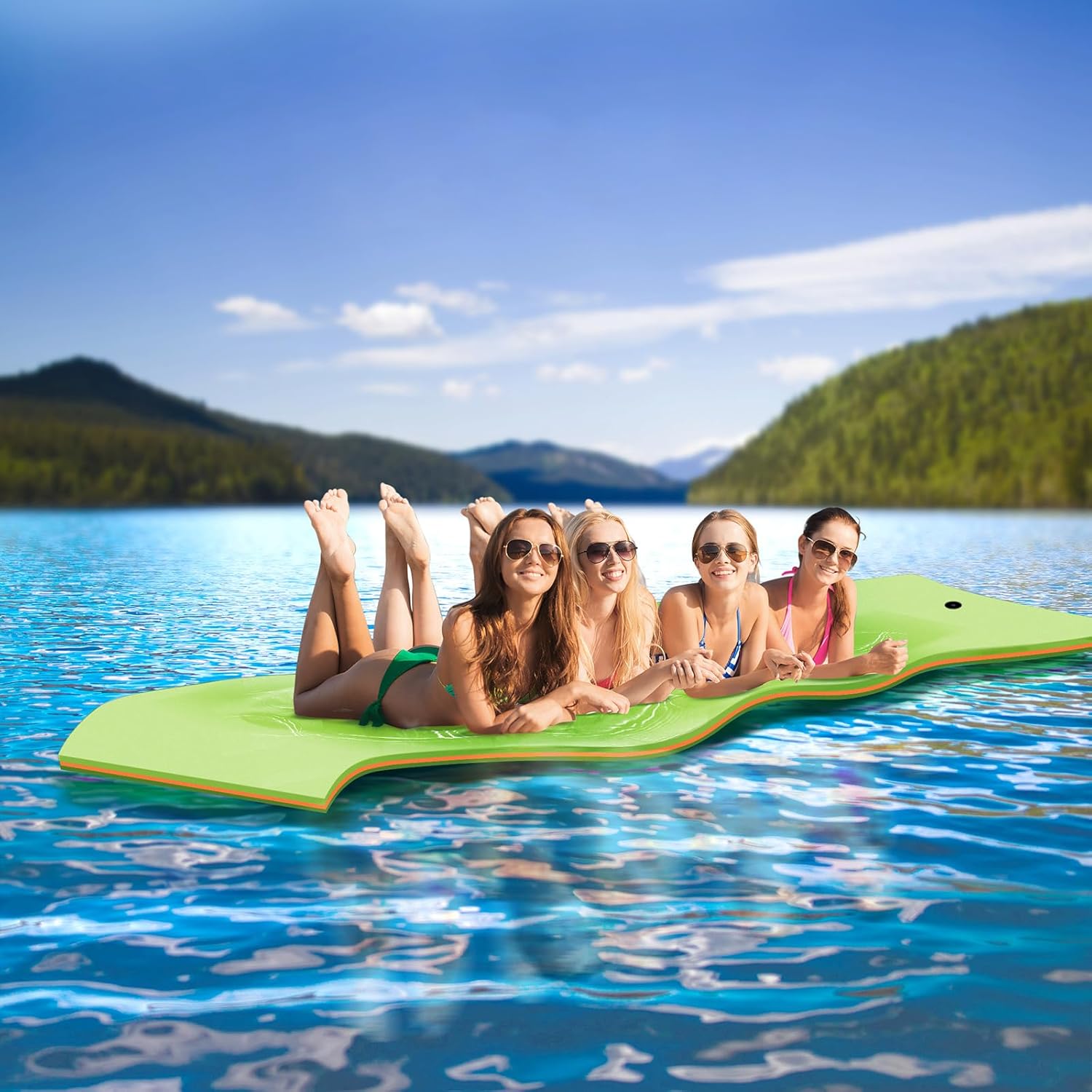 Floating Water Mat, 7'x3'/8'x4'/9'x6'/13'x5' Lily Pad Floating Mat, 3-Layer Tear-Resistant XPE Foam Water Mat with 16.4'' Bungee Tethers, Floating Mat for Lake, Pool, Boat, Ocean, Beach 13×5 FT Green