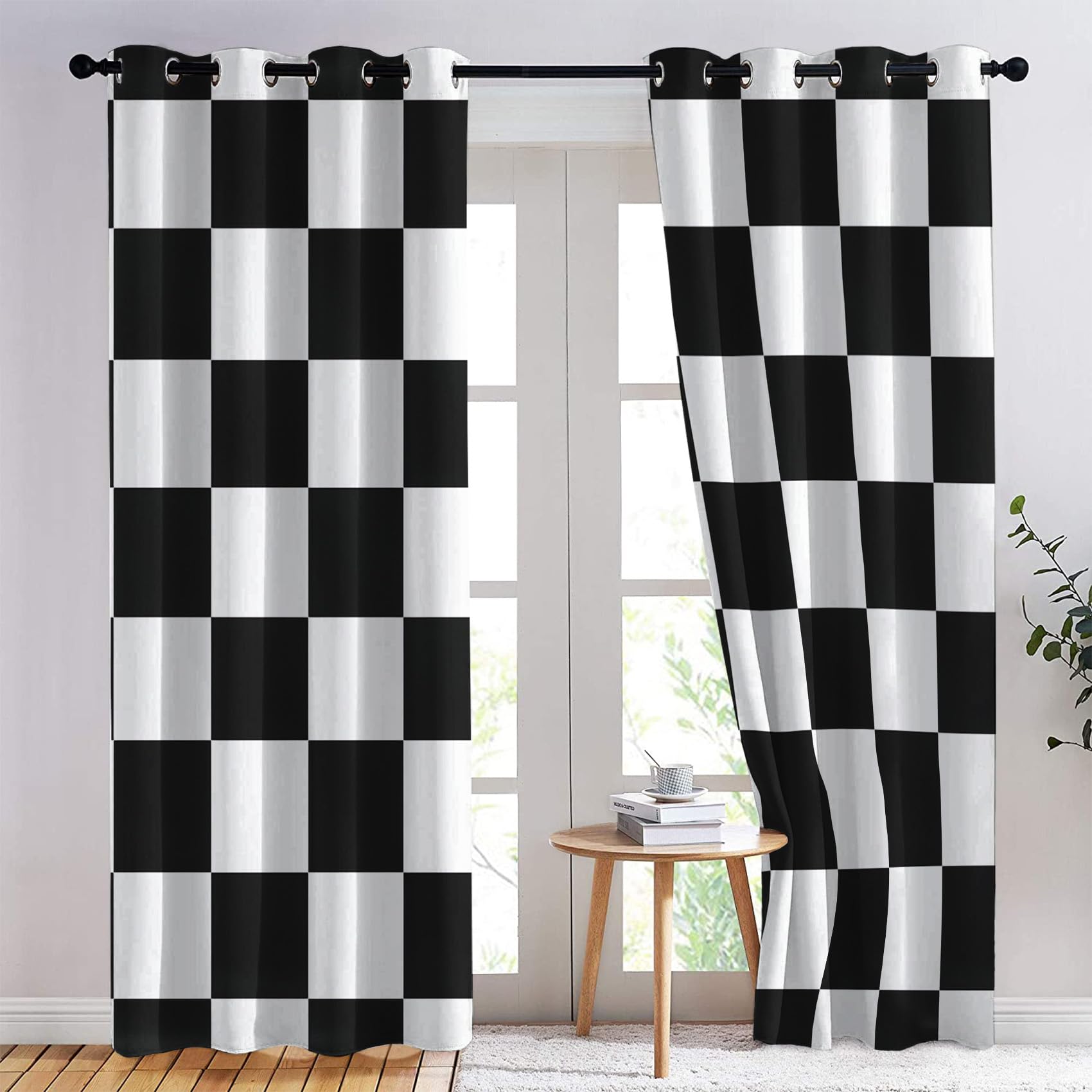 Tende termiche ometriche oscuranti bianche e nere 90 x 90 cm, per camera da letto e soggiorno, set di 2 pannelli, tendaggi per finestre con design con occhielli