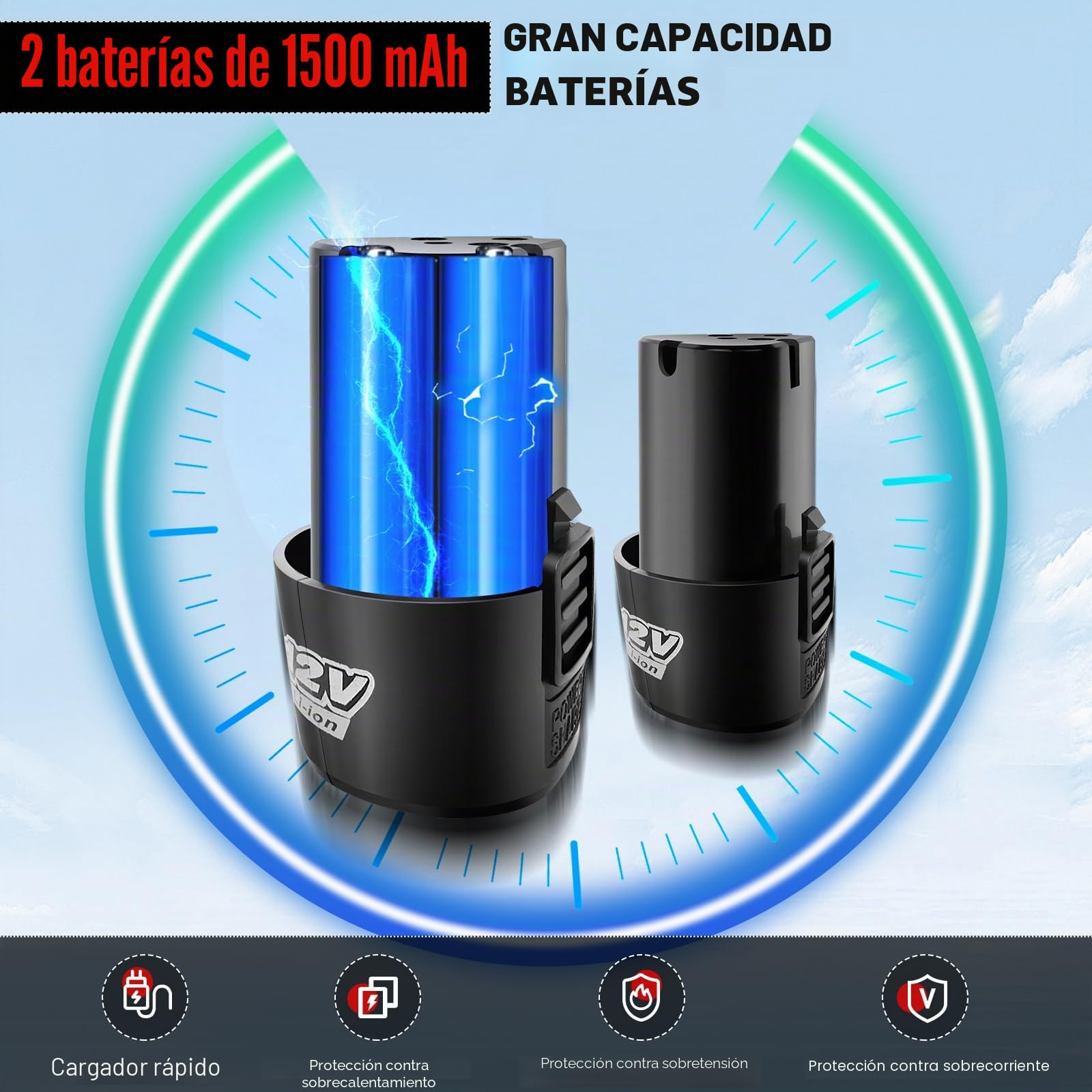 DayPlus Llave de trinquete con batería de 12V, 40 Nm Juego de llave de trinquete eléctrico, 2300 RPM con 2 baterías de iones de litio de 1.5Ah y carga rápida, 7 enchufes, velocidad variable, rojo