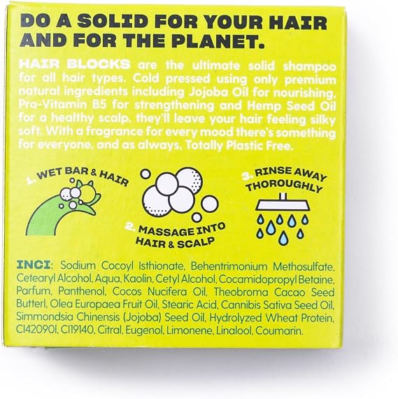 Hair Blocks - Solid Shampoo Bar (85g) for all hair types: Lime & Sandalwood Solid Shampoo Bar | Soap Free, Plastic Free | Plant Based | Natural | Conditioning