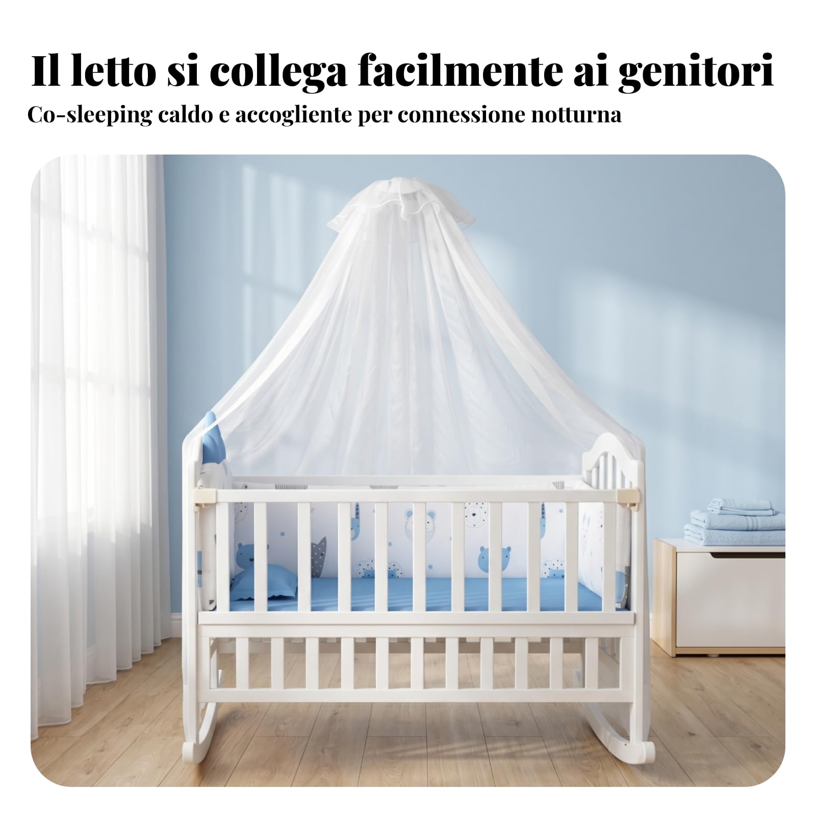 Culla Neonato Culla Letto Culla a Dondolo Lettino Bambini Legno con Struttura Stabile a Base Curva Scorrimento Materasso Coordinato Canopy Rete Ruote